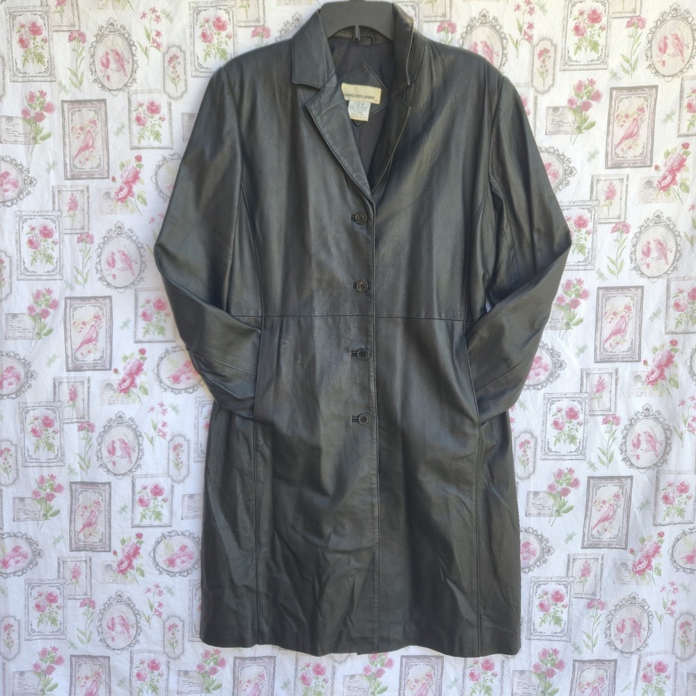 Vintage David Benjamin Women's Black Leather Trench Coat Jacket Mid-Length Sz 10
